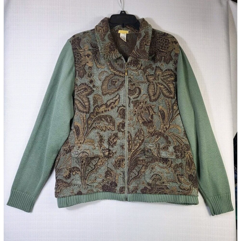 Bestow Green Brown Floral & Leaves Full Zip Jacket Women's Size XL Vintage